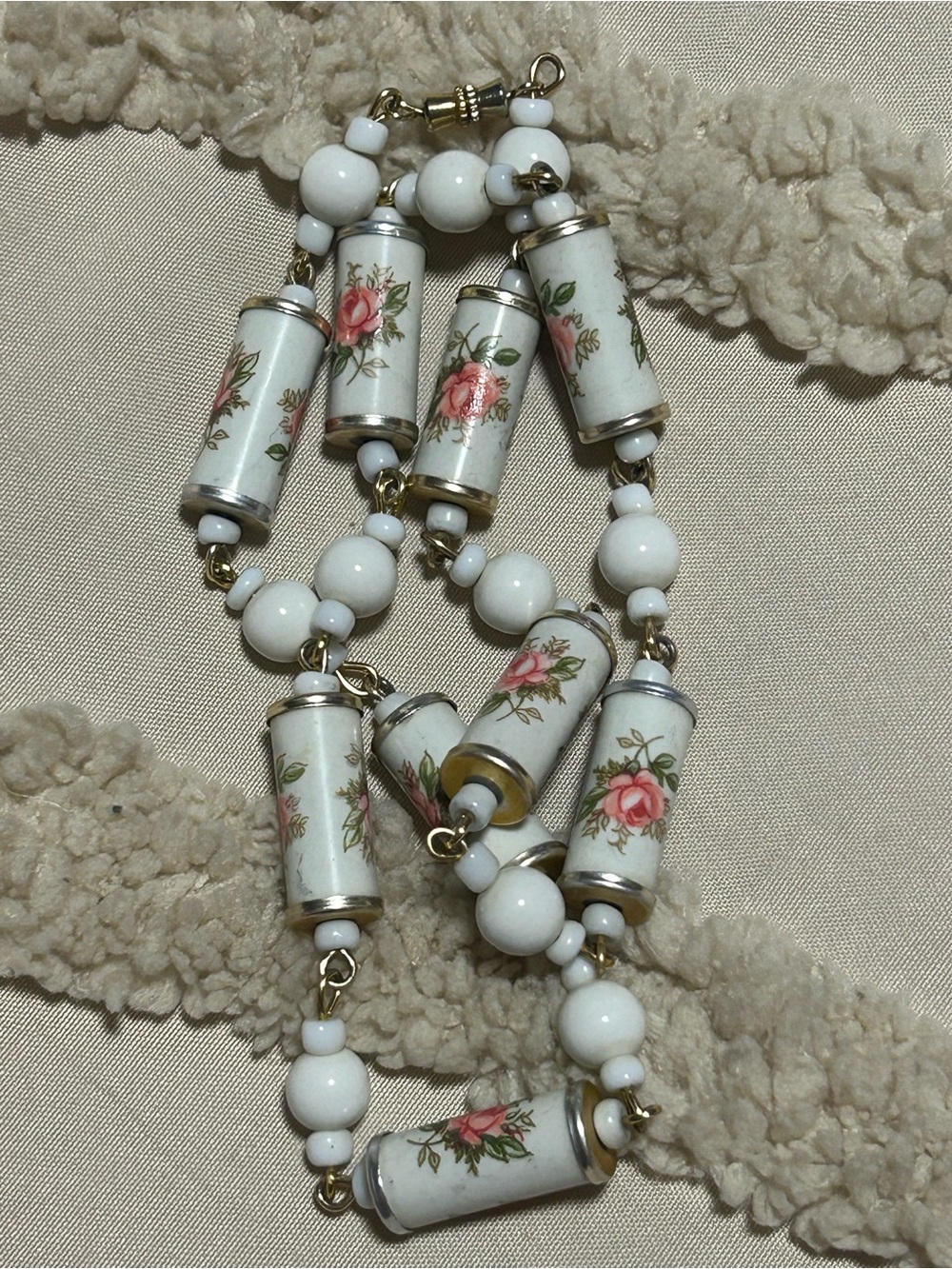 Vintage White Bead Necklace with Pink Rose Cylinder Charms